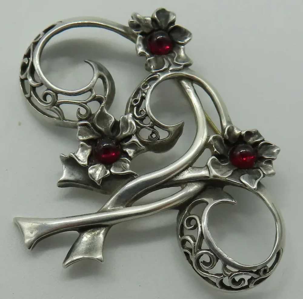 Sterling Silver Red Cabochon Flower Brooch Jezlai… - image 4