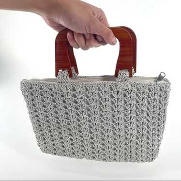 Vintage Silver Metallic Crochet Bag with Plastic … - image 1