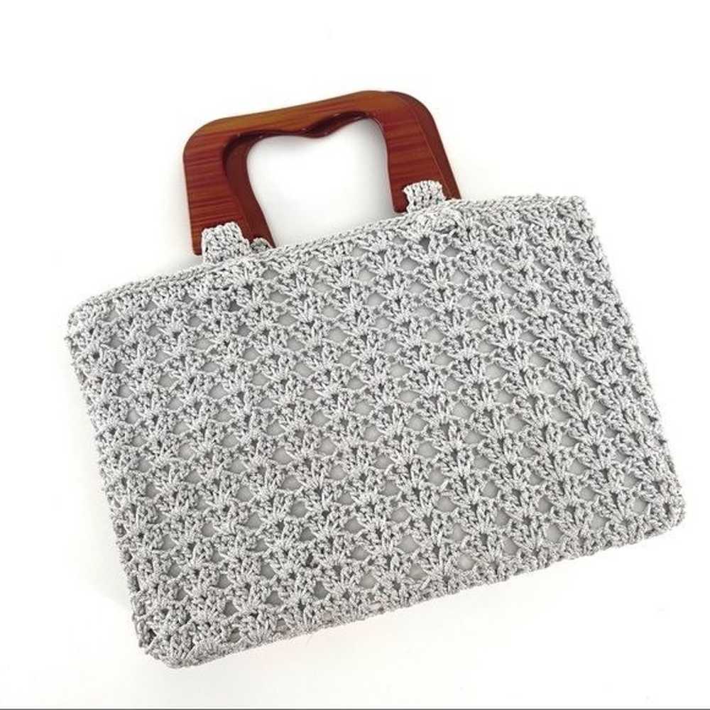 Vintage Silver Metallic Crochet Bag with Plastic … - image 2