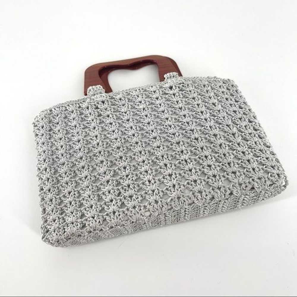 Vintage Silver Metallic Crochet Bag with Plastic … - image 3