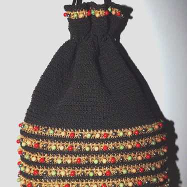 Vintage Black & Gold Crochet Knit BUCKET Drawstri… - image 1