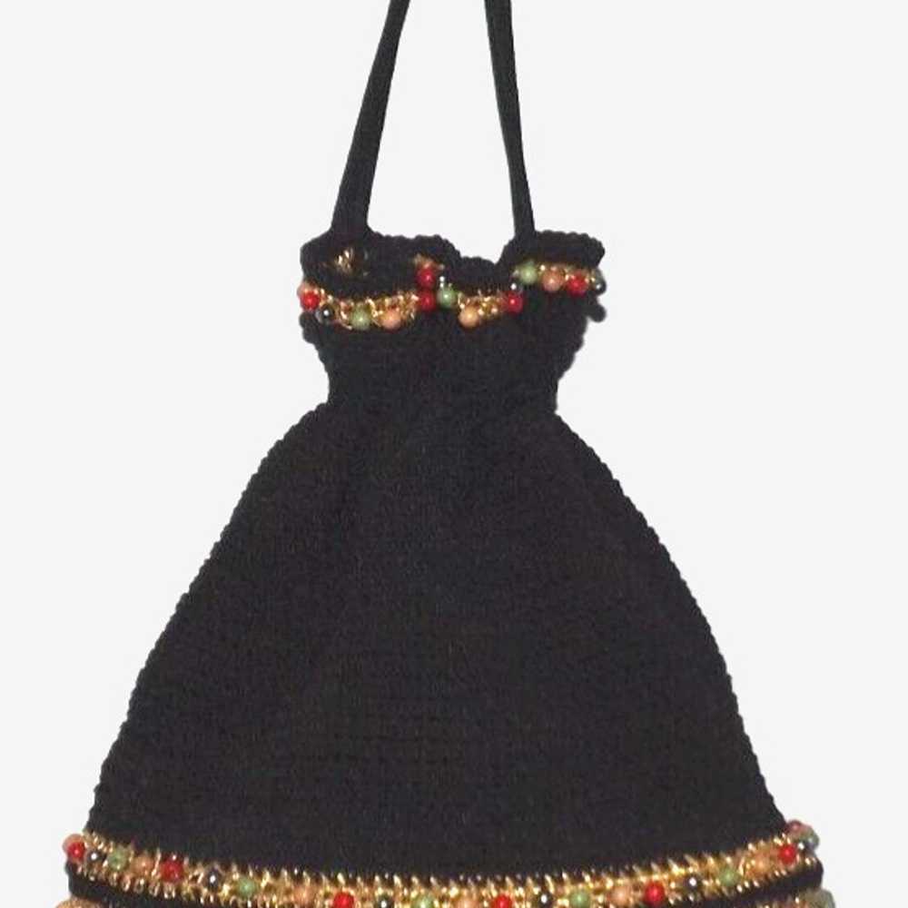 Vintage Black & Gold Crochet Knit BUCKET Drawstri… - image 2