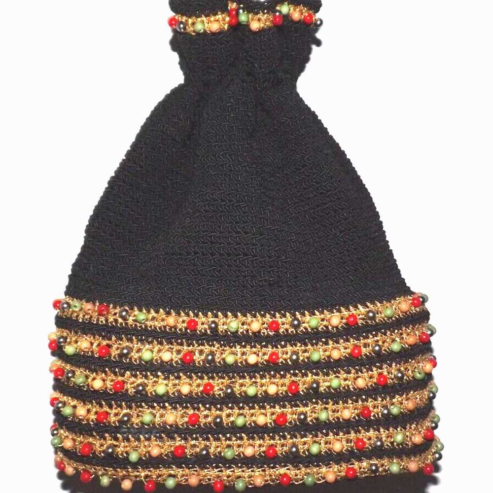 Vintage Black & Gold Crochet Knit BUCKET Drawstri… - image 3