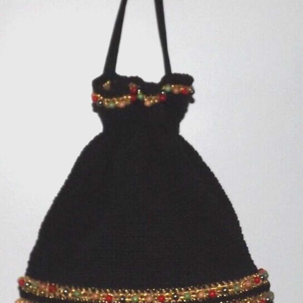 Vintage Black & Gold Crochet Knit BUCKET Drawstri… - image 5