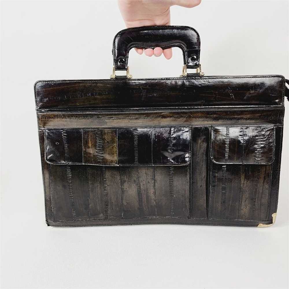 Vintage Black Leather Eel Skin Handbag Satchel Br… - image 9