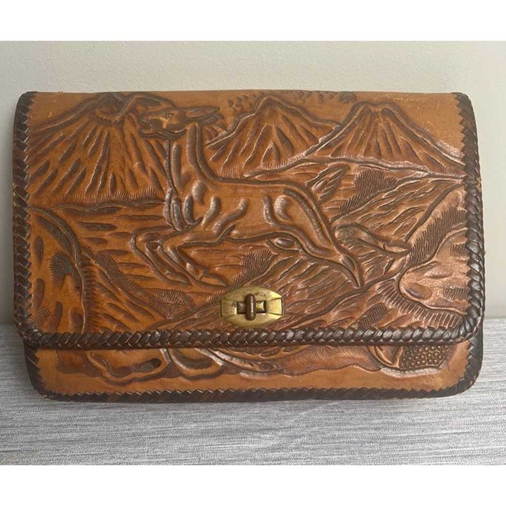 Vintage Leather Tooled Purse Clutch BOHO Deer Mou… - image 1