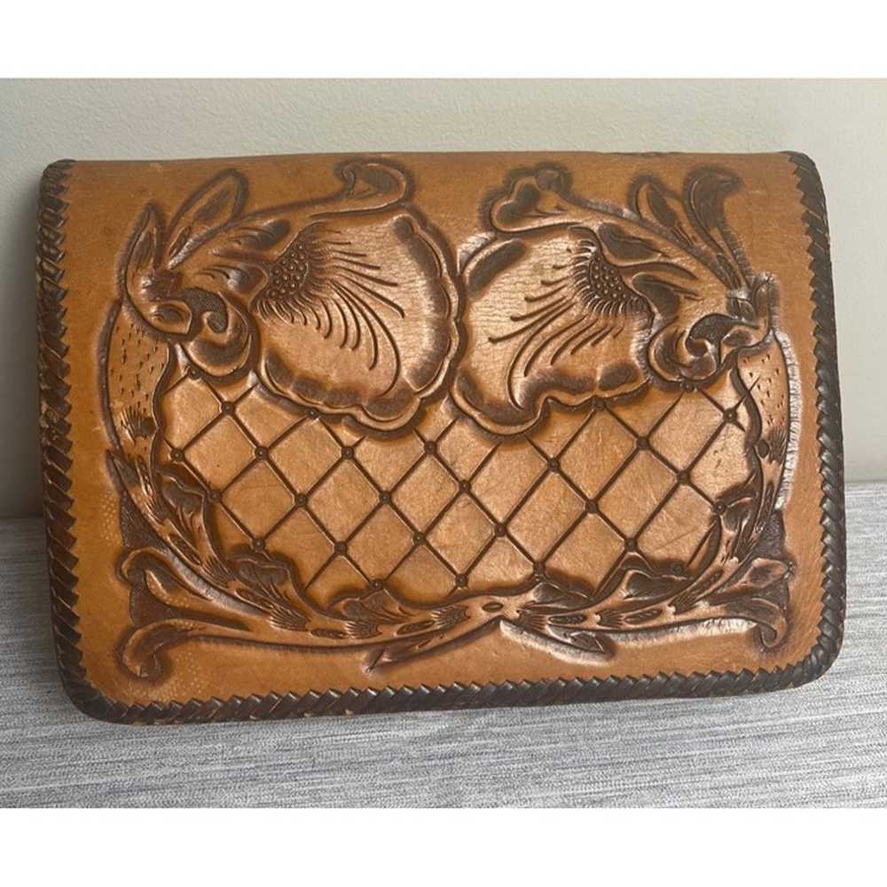 Vintage Leather Tooled Purse Clutch BOHO Deer Mou… - image 2