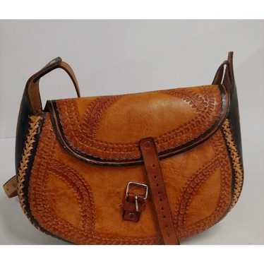 Vintage Handmade Tooled Leather Shoulder Bag Brow… - image 1