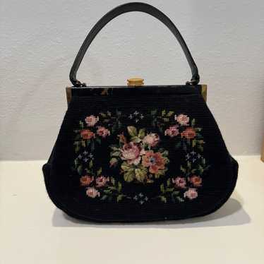 Vintage Black Needlepoint Floral Purse - image 1