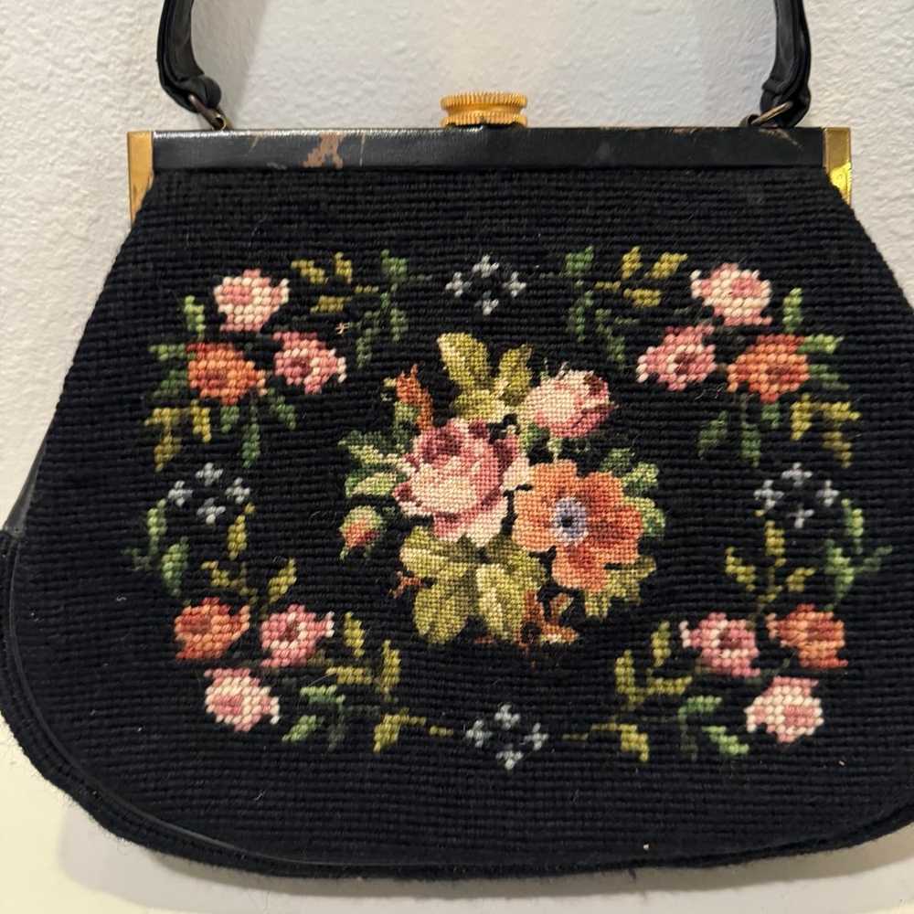 Vintage Black Needlepoint Floral Purse - image 2