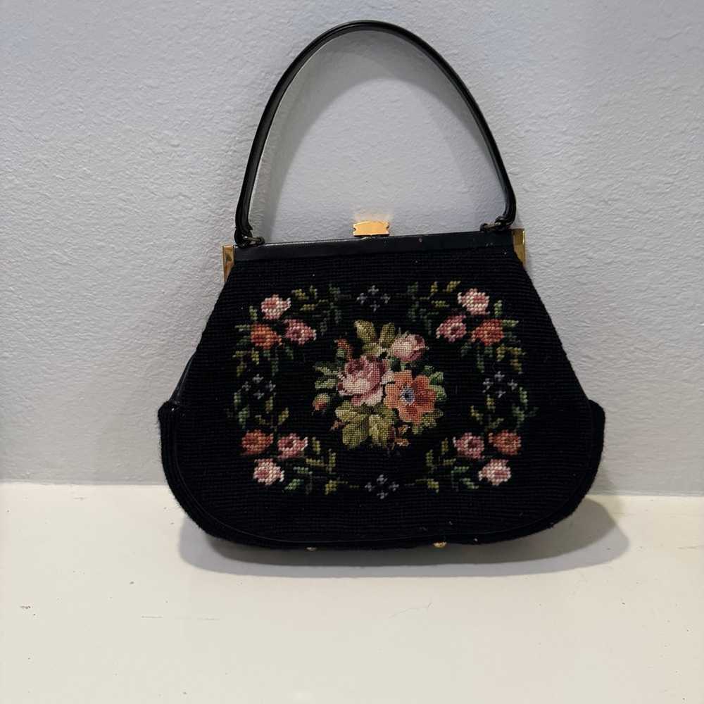 Vintage Black Needlepoint Floral Purse - image 4