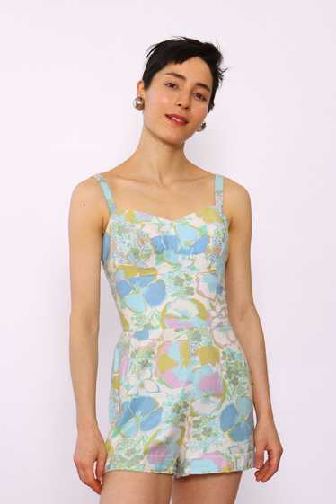 Midcentury Pastel Floral Playsuit S - image 1