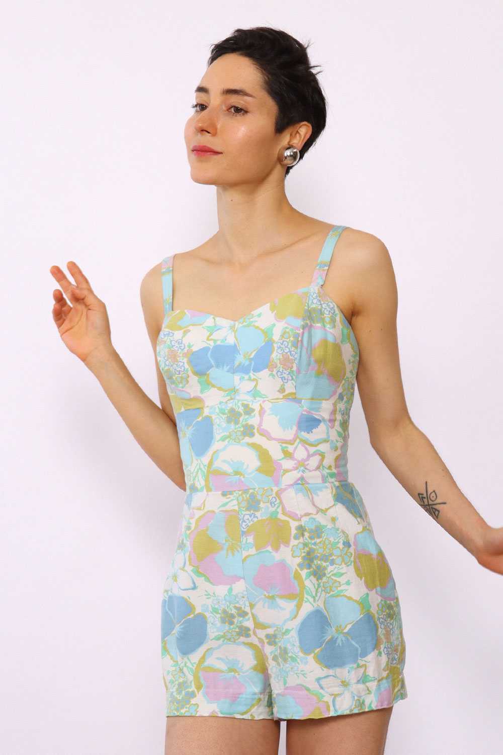 Midcentury Pastel Floral Playsuit S - image 5