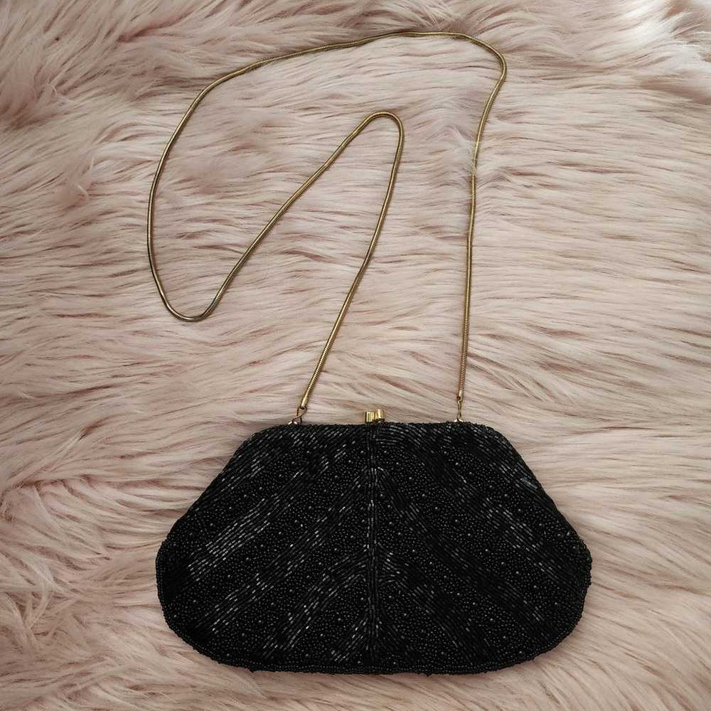 Vintage black beaded crossbody clutch evening bag - image 1