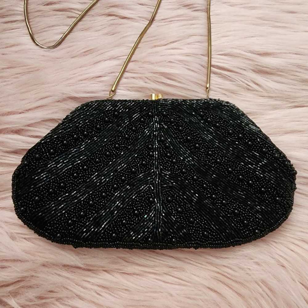 Vintage black beaded crossbody clutch evening bag - image 2