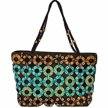 VTG 70s Boho Chic Wooden Circle Beaded Handbag Hi… - image 1