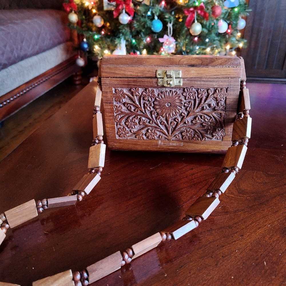 Vintage Wood Hand Carved Floral Purse Red Velvet … - image 1