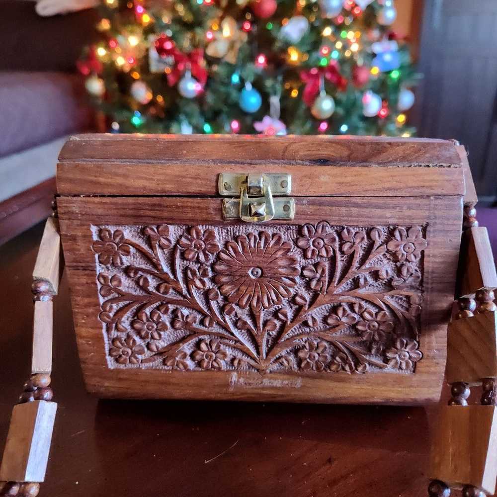 Vintage Wood Hand Carved Floral Purse Red Velvet … - image 3