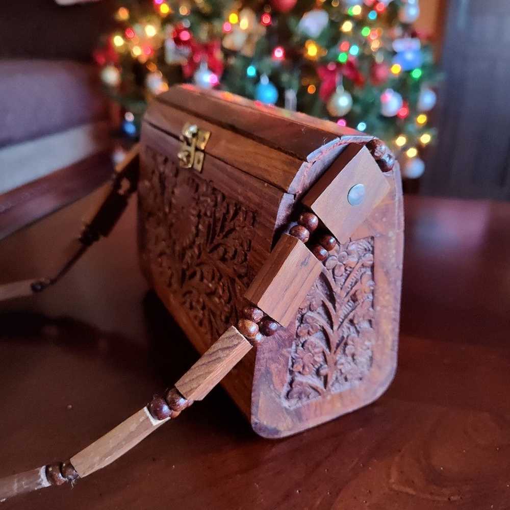 Vintage Wood Hand Carved Floral Purse Red Velvet … - image 4