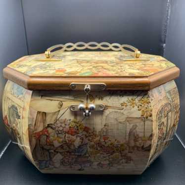 Vintage Anton Peck Print good Decoupage Box Wooden Purse Lucite Handle