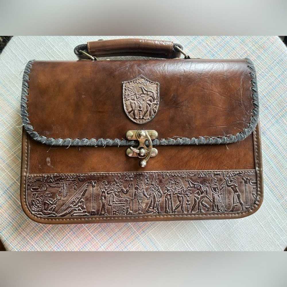 Vintage LeatherHand Tooled Bag Egyptian Embossed … - image 2