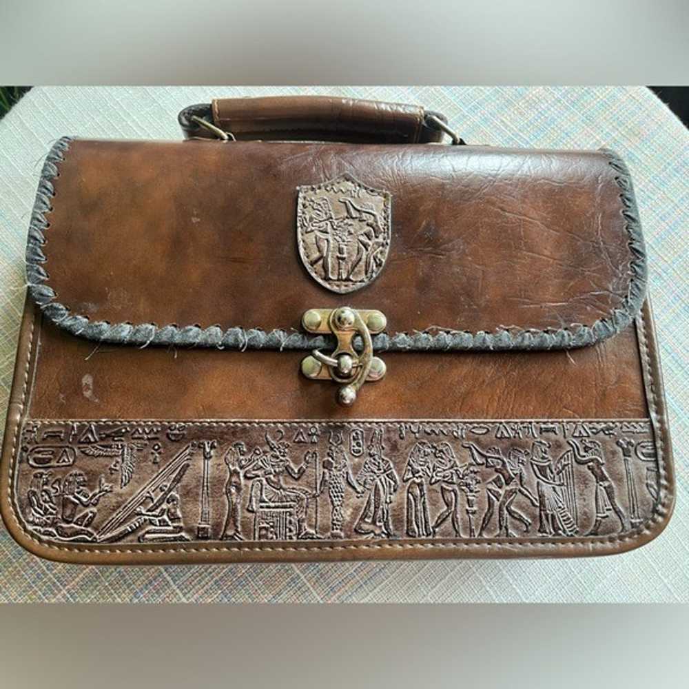 Vintage LeatherHand Tooled Bag Egyptian Embossed … - image 7