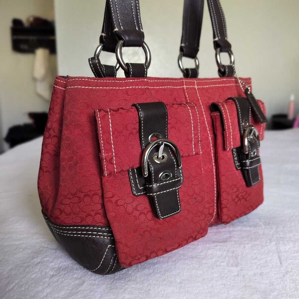 Coach Signature Red Canvas Brown Leather Handbag … - image 2