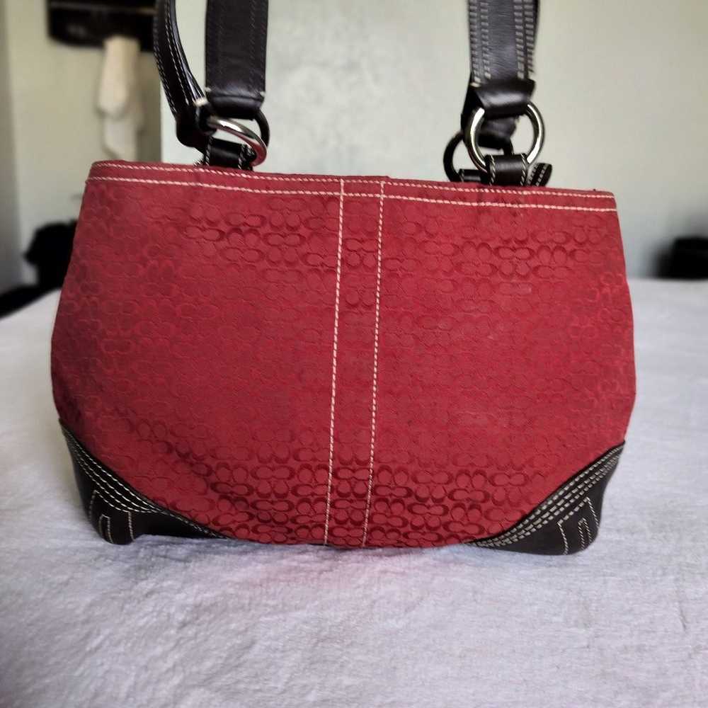 Coach Signature Red Canvas Brown Leather Handbag … - image 3