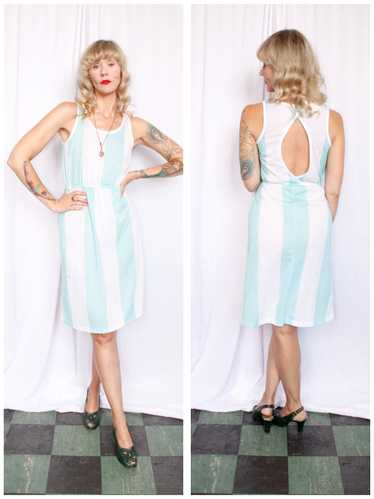 1980s Aqua & White Stripe Summer Dress - S/M