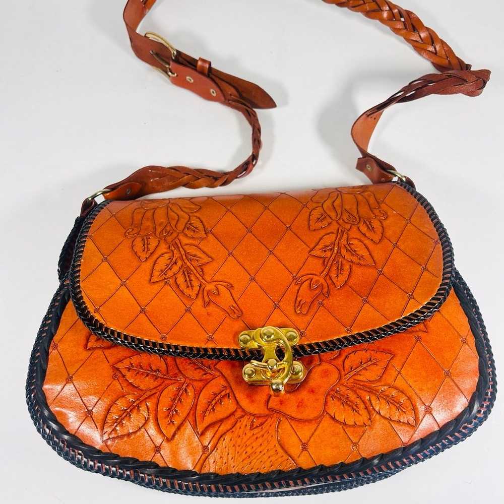 Vintage Tooled Leather Shoulder Saddle Bag Boho H… - image 1