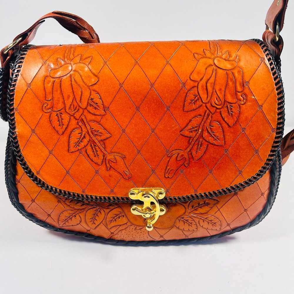 Vintage Tooled Leather Shoulder Saddle Bag Boho H… - image 3