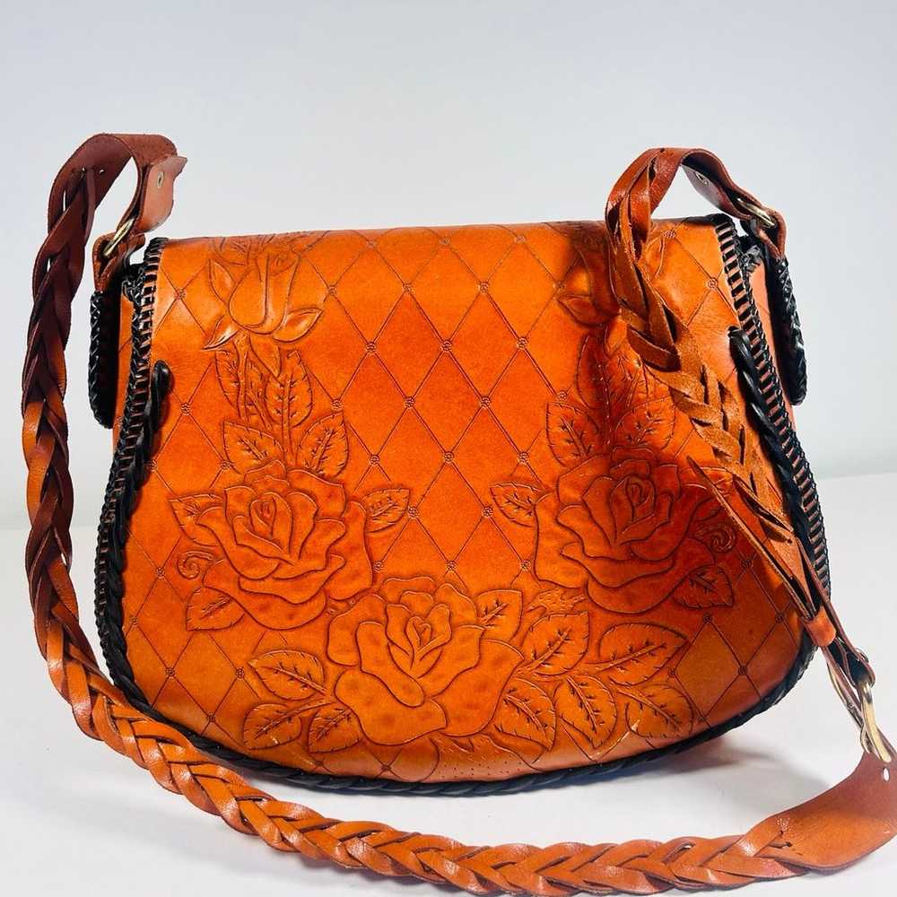 Vintage Tooled Leather Shoulder Saddle Bag Boho H… - image 5