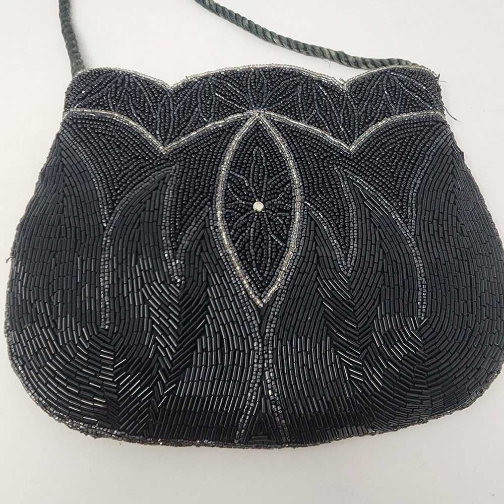 Vintage Art Deco Black Glass Beaded Purse Evening… - image 2