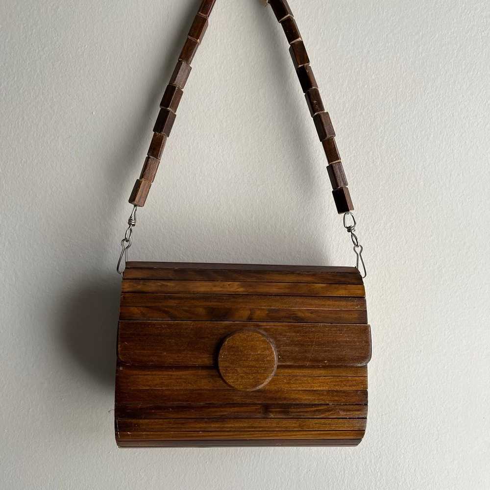 Vintage Wood Slat Purse with Felt Lining and Deta… - image 1