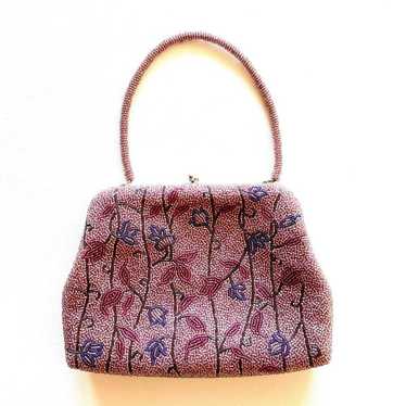 Showa retro antique beaded bag with floral patter… - image 1