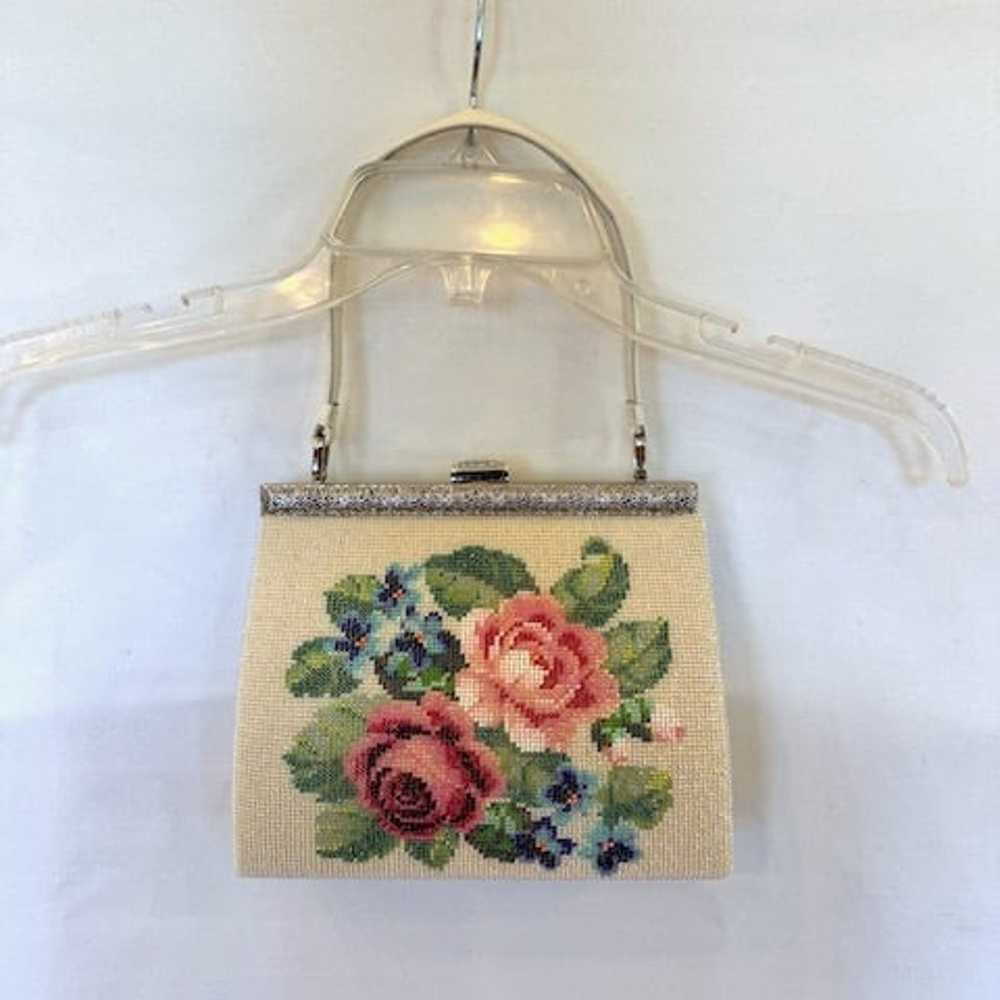 Vintage beaded needlepoint top handle evening pur… - image 2