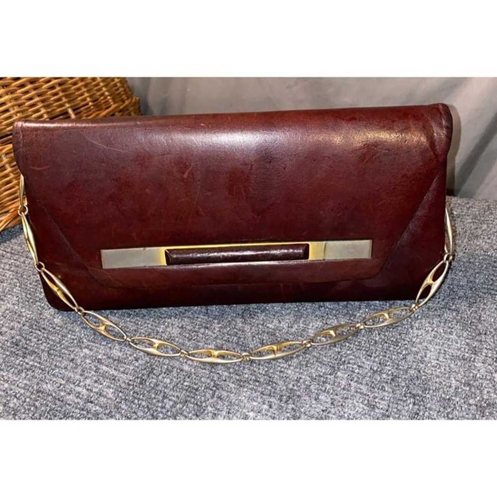 Vintage Maroon Leather Clutch Purse Gold Chain Re… - image 2