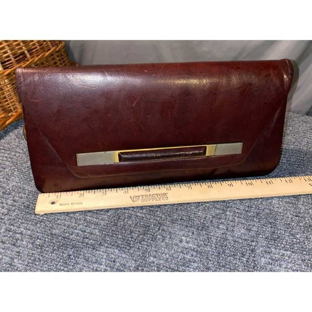 Vintage Maroon Leather Clutch Purse Gold Chain Re… - image 3