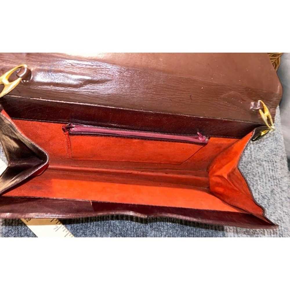 Vintage Maroon Leather Clutch Purse Gold Chain Re… - image 5