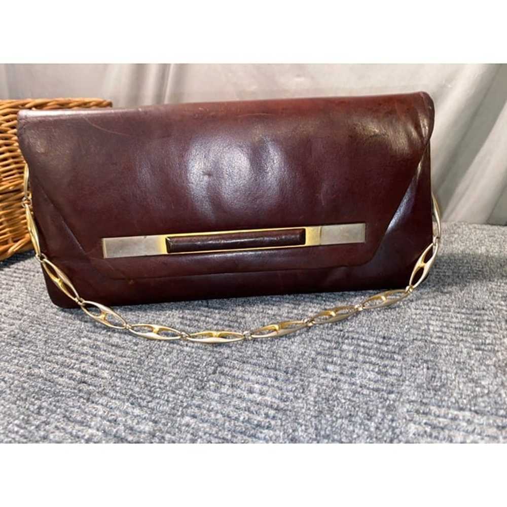 Vintage Maroon Leather Clutch Purse Gold Chain Re… - image 7