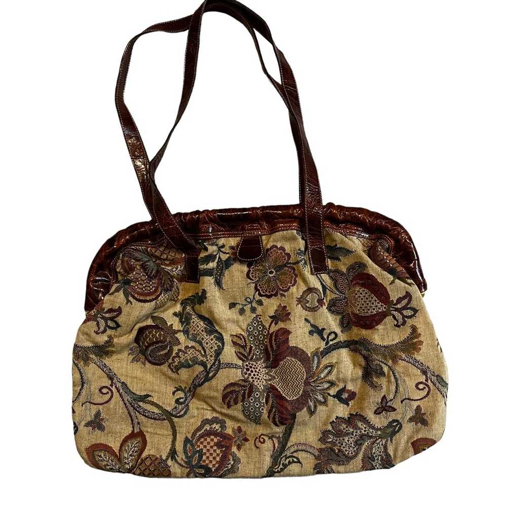 Vtg Furla Floral Tapestry and Leather Shoulder Bag - image 2