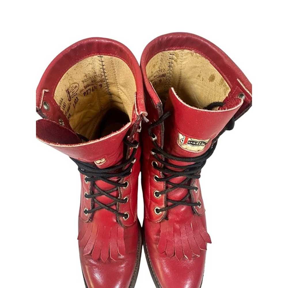 Vtg JUSTIN Lace-up Roper Fire Red Rodeo Cowboy We… - image 5