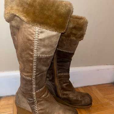 Vintage Y2K Patchwork Knee High Faux Suede Boots - image 1