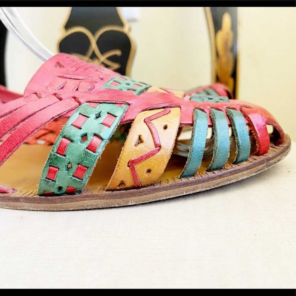 Vintage 80s Huarache Multicolor Red Leather Woven - image 4