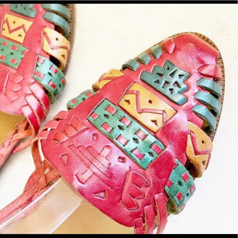 Vintage 80s Huarache Multicolor Red Leather Woven - image 8