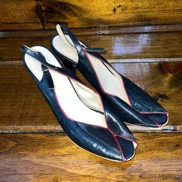 Vintage G. Fox & Co. Navy Blue Leather Peep Toe S… - image 1