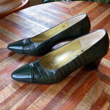 Vintage Bruno Magli Green Crocodile Embossed Pumps - image 1