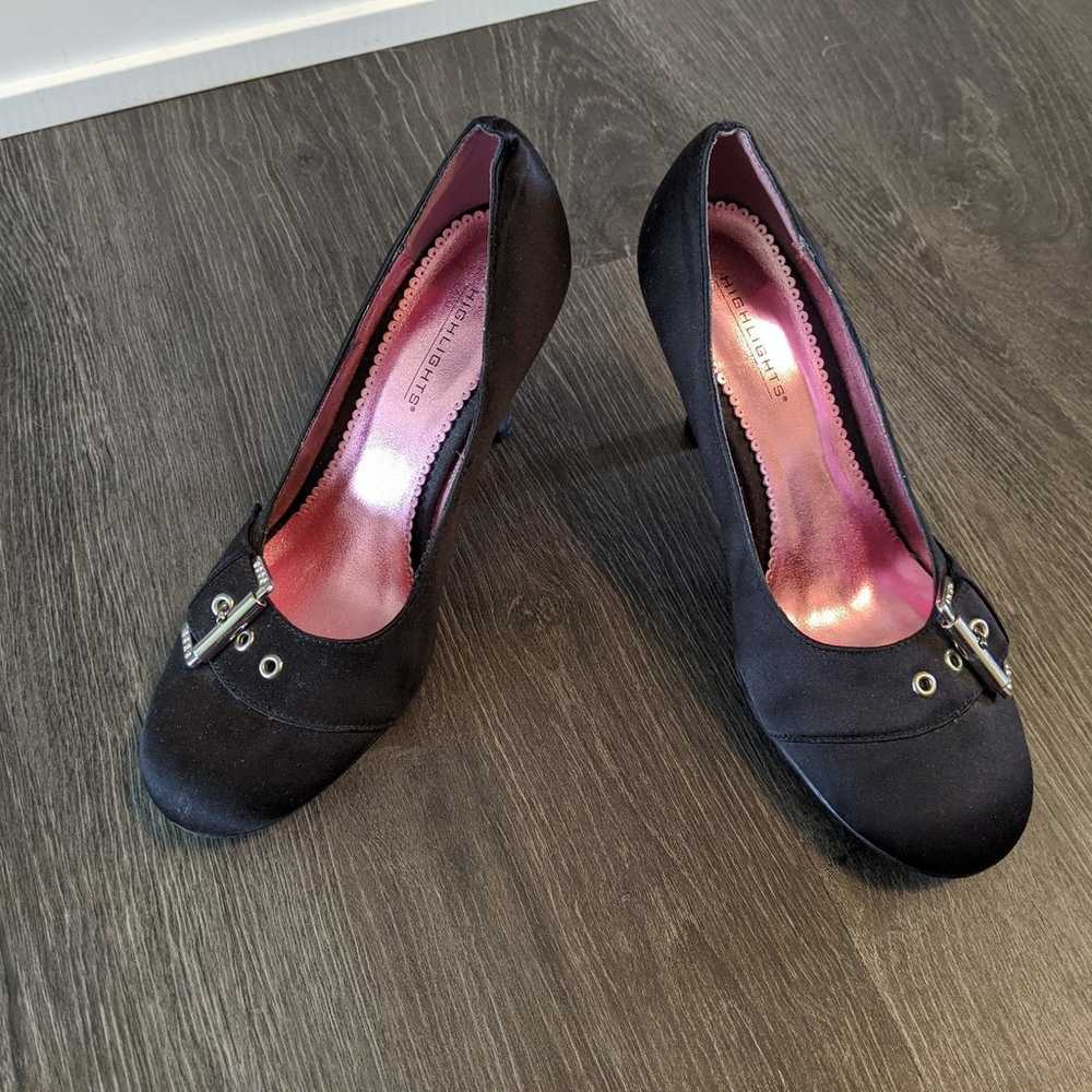 Vintage black satin pumps with silver rhinestone … - image 2