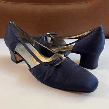 Vintage Salvatore Ferragamo Navy Blue Satin Kitte… - image 1