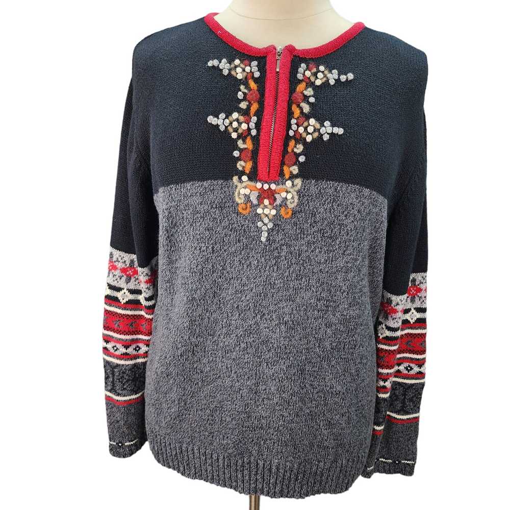 Erika Sweater LARGE Black Gray Fair Isle Crewel E… - image 1